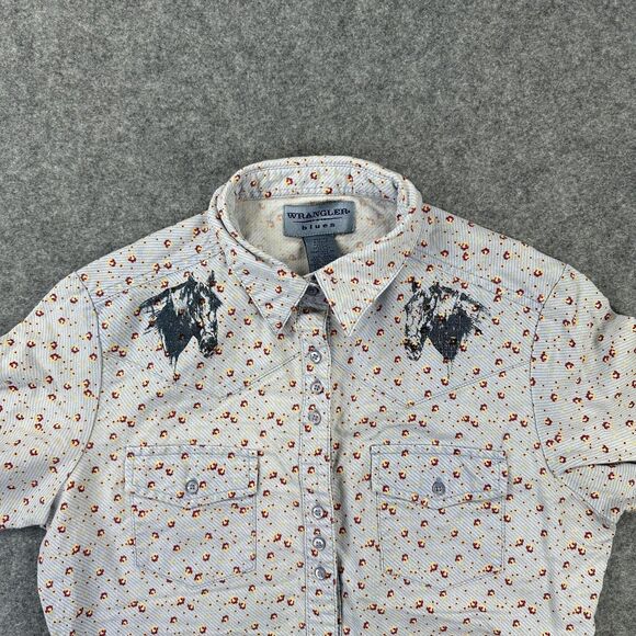 Wrangler Blues Shirt Womens Small White Floral Horse Western Cowboy Pearl Snap - Picture 2 of 9